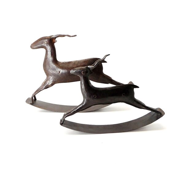 2 Rustic Metal Rocking Antelope Deer Reindeer Figurines Folk Art Farmhouse MCM - Picture 1 of 6